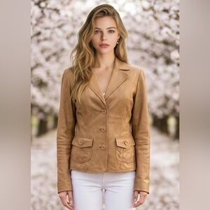 Suzy Shier Tan Leather Button-Front Blazer